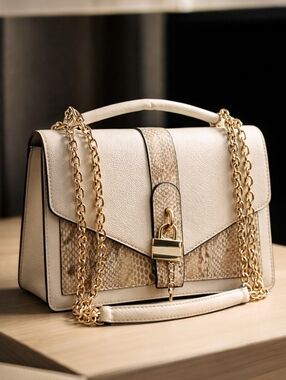 ALDO Ivory & Python Embossed  Crossbody Satchel Gold Chain Lock Bag EUC